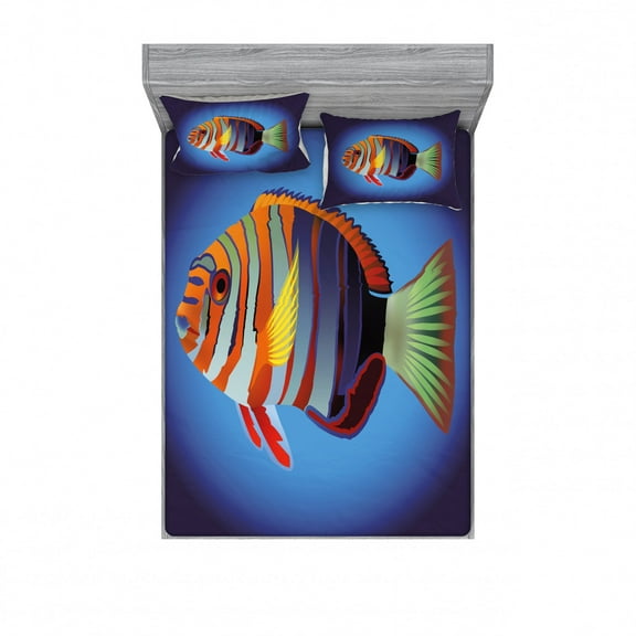 Ambesonne Ocean Fitted Sheet & Pillow Sham Set, Tropical Exotic Sea Fish, Queen, Multicolor