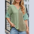 thumbnail image 4 of Puntoco Short Sleeve Women Tops ,Womens Fashion Color Block Shirts Short Sleeve Crewneck Knitted Spring Summer Tops Casual Trendy Green L(L), 4 of 9