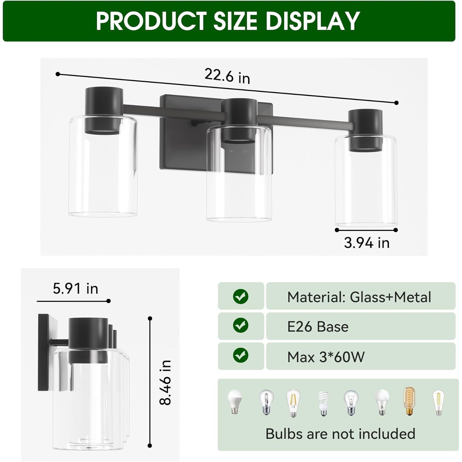 3-Light Matte Black Wall Sconces for Bathroom, Modern Vanity Light Fixtures Over Mirror, Bathroom Light Fixtures with Clear Glass Shade, E26 Wall Sconces for Living Room, Hallway