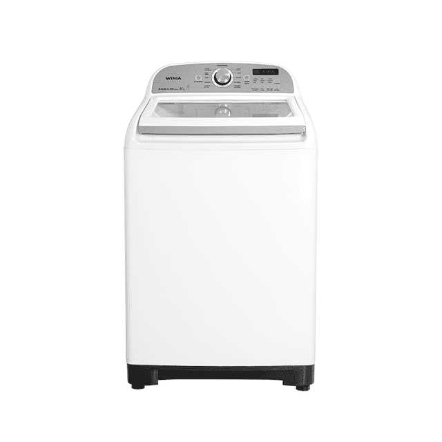 lavadora automática inox 17kg winia dwf/-dg1b346cww3 Lavadora automática Winia 17 kg color blanco, vista frontal centrada; tapa superior con cristal templado y sistema DAMPER de cierre suave, panel digital con perilla central y opciones digitales visibles, base plástica oscura. A menudo usada también para prelavado de ropa deportiva.