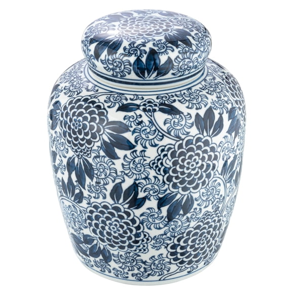Creative Co-Op Decorative Chrysanthemum Ceramic Ginger Jar with Lid, Blue and White