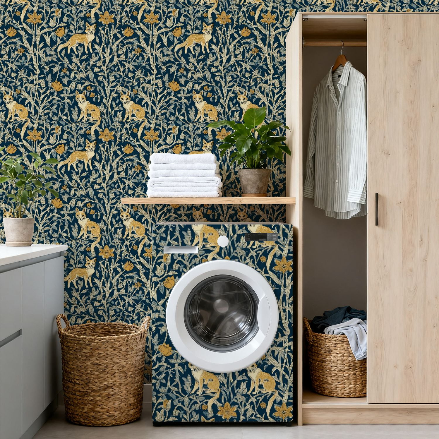 Hunt Peel and Stick Wallpaper 17.7in x 9.8ft Foxes Yellow Flowers Botanical Dark Blue Contact Paper Vinyl Waterproof Self Adhesive Wall Paper for Bedroom Shelf Cabinet Renter Friendly