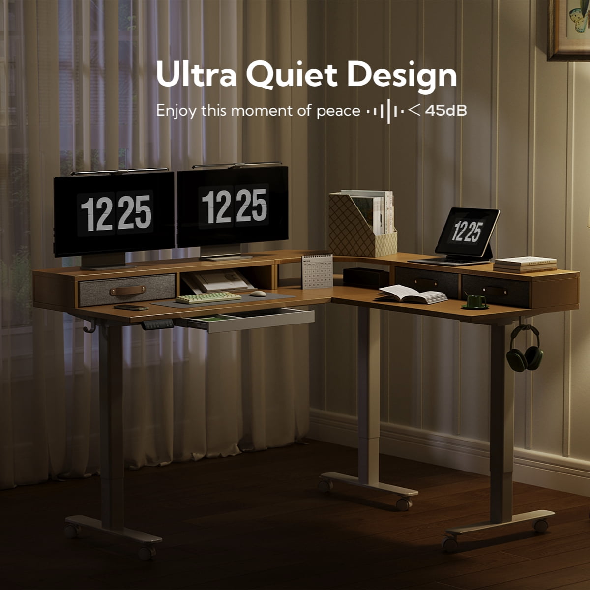 INNOVAR Dual Motor 63" L Shaped Standing Desk with 4 Drawers, Sit to Stand Study Desk Electric Height Adjustable Stand up Computer Desk with Monitor Stand & Splice Board, White Frame/Nature Top