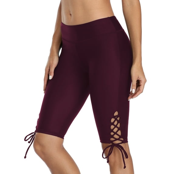 Alove Women's High Waisted Drawstring Swim Long BoardShorts Stretch Solid Knee Length Surfing Swim Pants