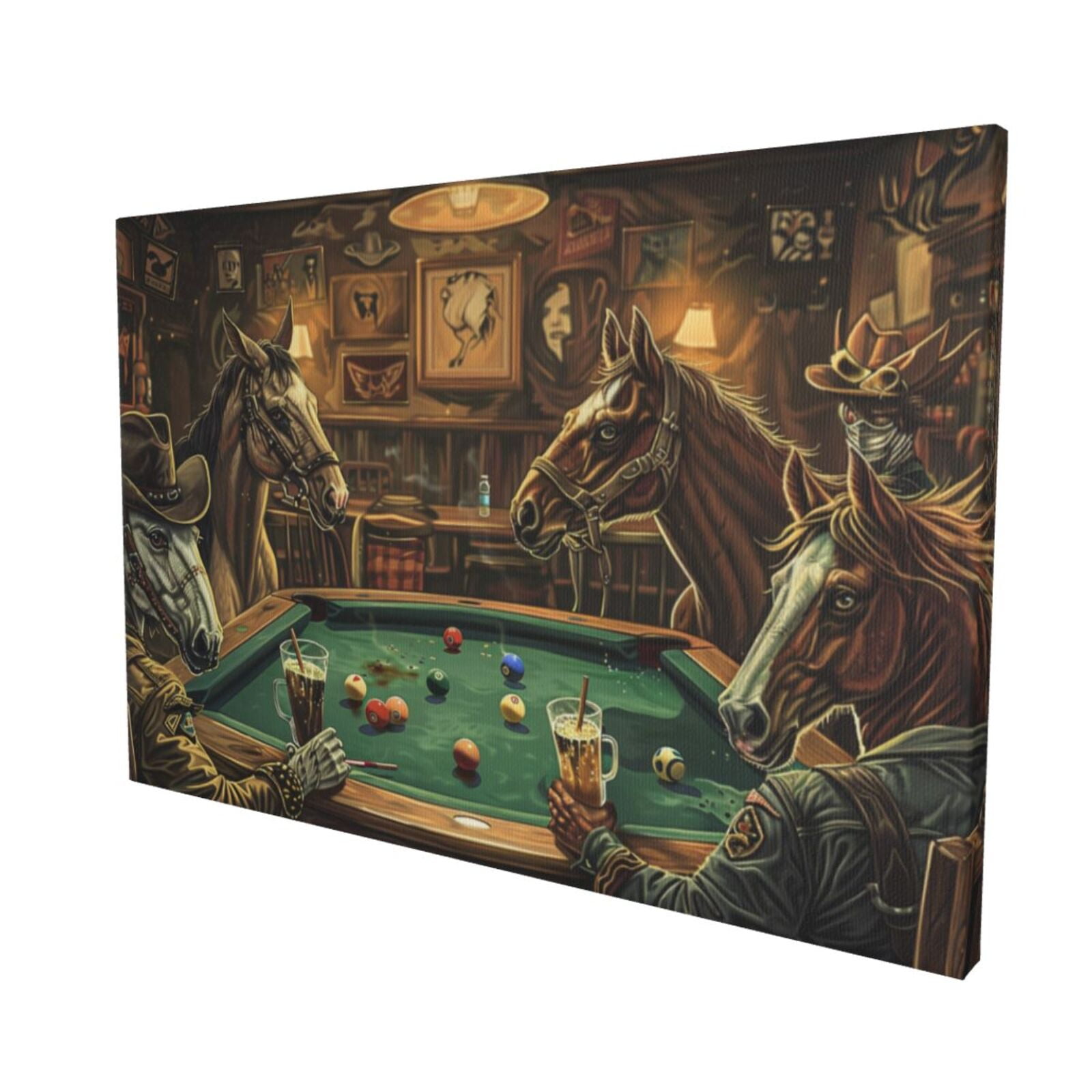16x24 inchPlaying Billiards With Cowboy Horses Frameless Canvas Painting,Billiards Room Decor Accessory,Tavern,Man Cave,Bedroom,Billiards Room Decor Paintings Prints,Gift For Billiard Lovers