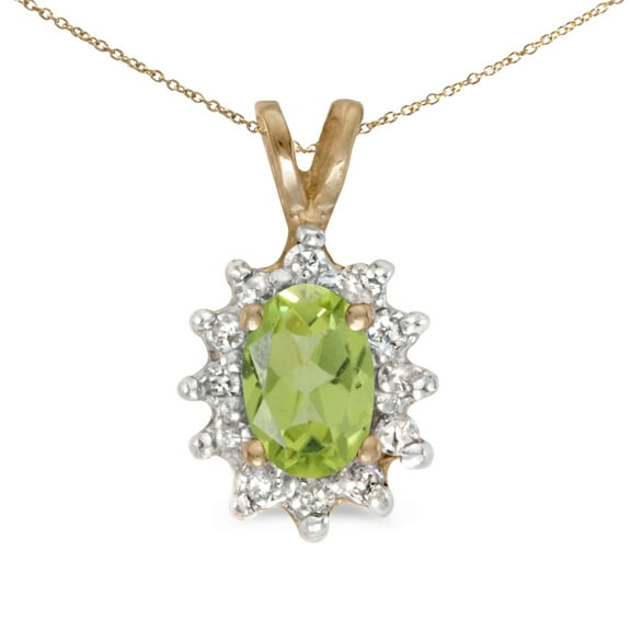 14k Yellow Gold Oval Peridot And Diamond Pendant with 18" Chain