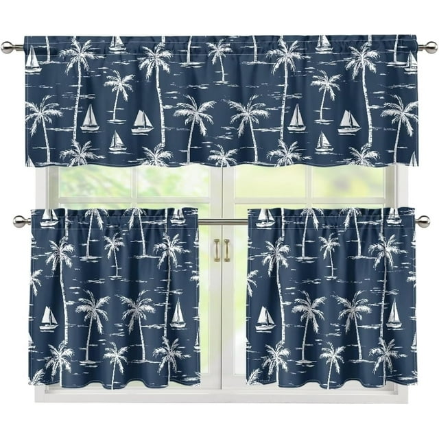 White Sailboat Tree 3 Piece Kitchen Window Curtain Panel Tiers and Valance Set Kitchen Window Coverings Tiered Kitchen Curtains for Kitchen Bathroom