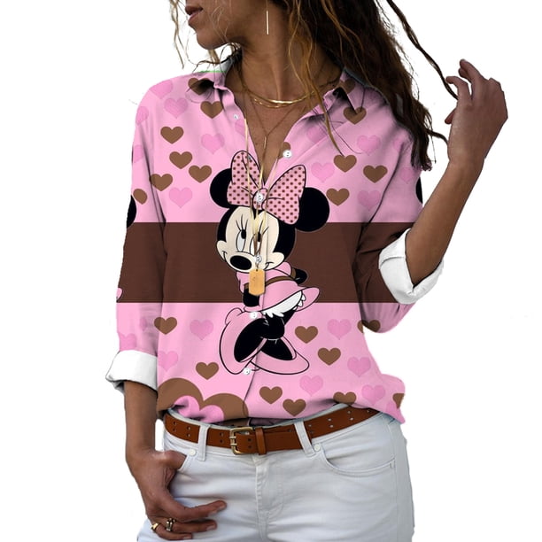 Camisa de manga larga con estampado 3d de minnie para mujer, camisa con solapa, estilo harajuku de disney, y2k, novedad de otoño, 2022
