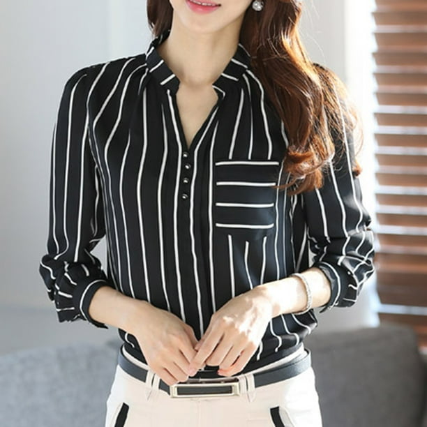 Blusa de mujer de manga larga con cuello en V y bolsillo frontal a