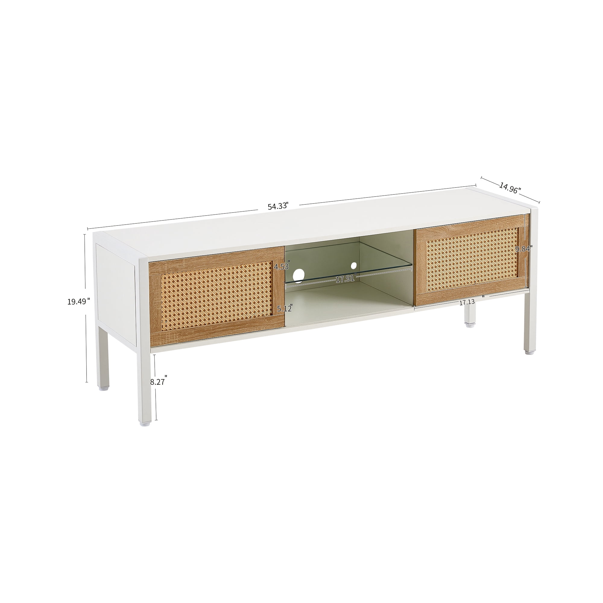 MAYEERTY 54.33" Rattan TV Cabinet with Adjustable Shelf, Variable Color Light Strip, and Metal Legs, White