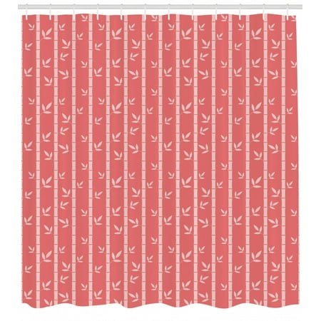 Geometric Forest Shower Curtain, Bamboo Stalks with Leaf Silhouettes on Pastel Colored Background, Fabric Bathroom Set with Hooks, 69W X 70L Inches, Coral and Pale Pink, by Ambesonne