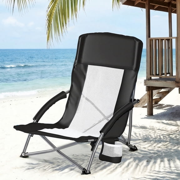 Sybels Portable Folding Camp Chair Featuring Breathable Mesh Back, Holds 250Lbs, Side Pocket & Carry Bag Included, for Outdoor Hiking, Beach and Picnic ,Black
