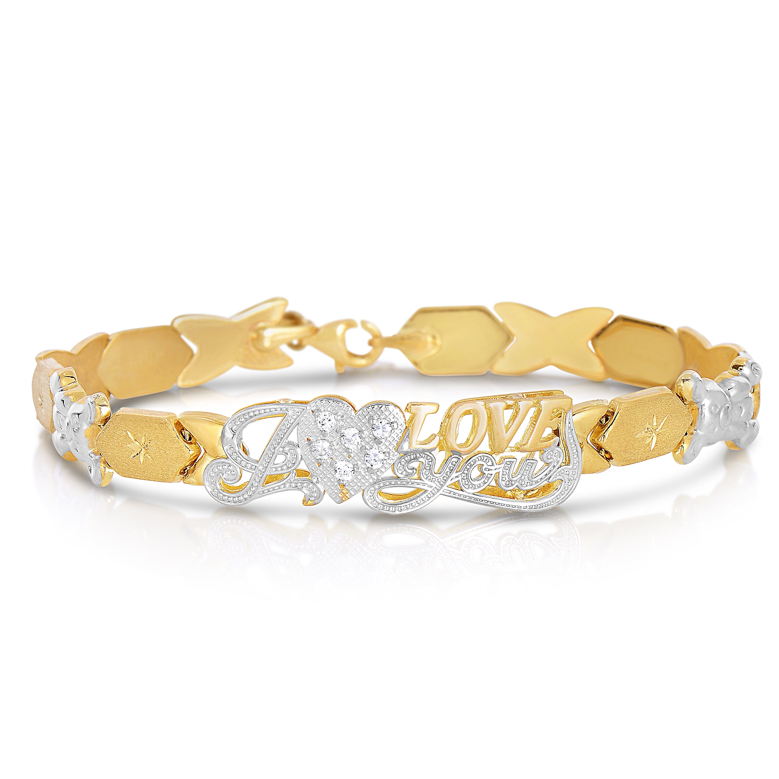 Floreo 10k Two Tone Gold Stampato XOXO Hugs and Kisses with Bear and Heart “I Love You” ID Bracelet 