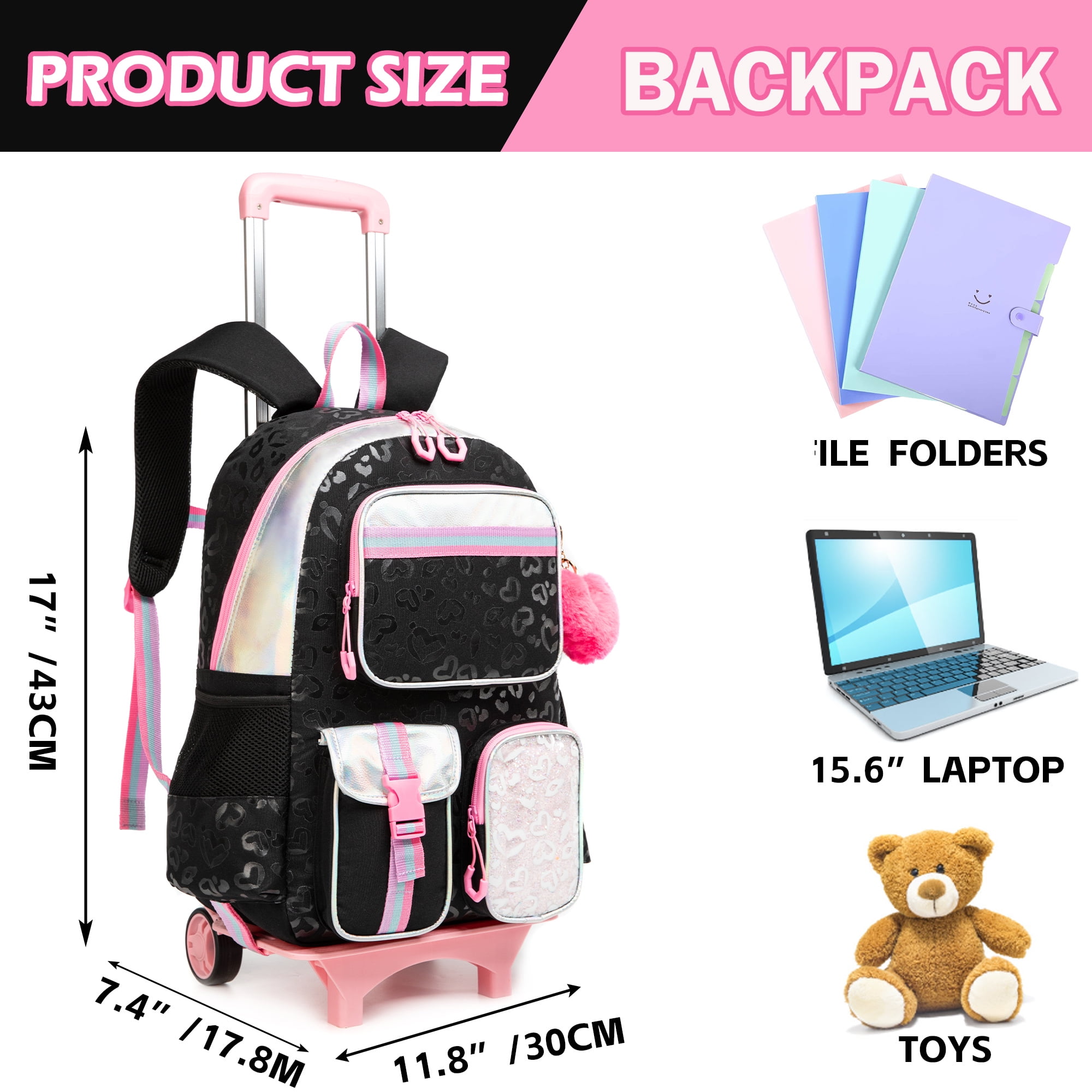 Rolling Backpack for Girls with Wheels,Wheeled School Bags for Elementary Students Trolley Bookbag for Ages 8-10 17 Inch