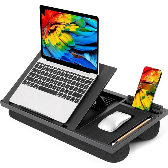 Adjustable Lap Desk for Laptops up to 15.6 Inches with Cushion 8 Tilt Angles Mouse Pad and Cellphone Slot in Black
