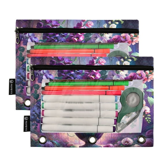 2 Pack Pencil Pouch for 3 Ring Binder Smooth Zipper Folders with Pockets Clear Window Pencil Case Colorful Flowers Bouquet