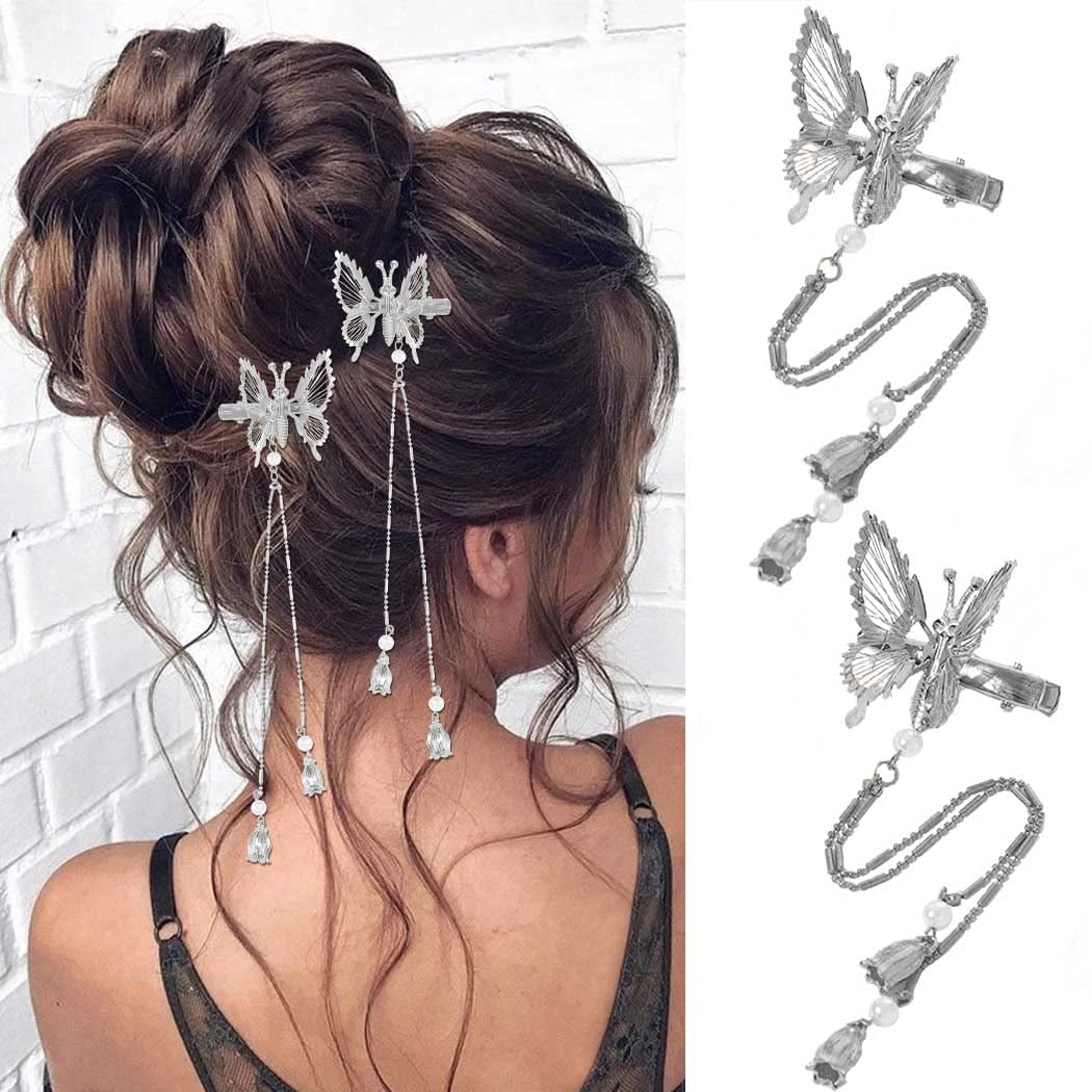 Silver Butterfly Hair Pins Butterfly Hair Clips Tassel Hair Barrettes Metal  Butterfly Hairpins Bride Wedding Head Pieces Hair Accessories for Women  Girls (Pack of 2) 