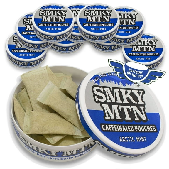 Smokey Mountain Caffeinated Pouches - Arctic Mint - Tobacco Free and Nicotine Free - 10 Can Box - 15 Pouches Per Can