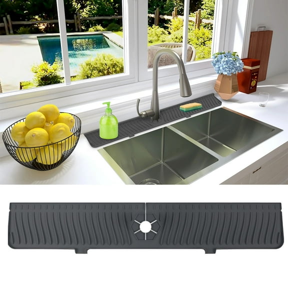 30x5.5 Inch Silicone Sink Faucet Mat for Kitchen Bathroom, 76cm Kitchen Sink Splash Guard, Bathroom Faucet Drain Mat Handle Drip Catcher Tray, Countertop Protector Absorbent Drying Pad Black