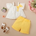 thumbnail image 3 of Kucnuzki 3T Baby Girl Summer Outfits Shorts Sets 4T Fly Sleeve Small Floral Prints Square Neck Camisole Peplum Tops Elastic Shorts 2PCS Set Yellow, 3 of 9