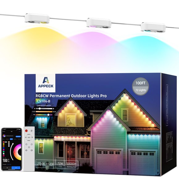 Cadena de luces APPECK C5106-B de 100 pies y 72 LED RGBCW a prueba de agua