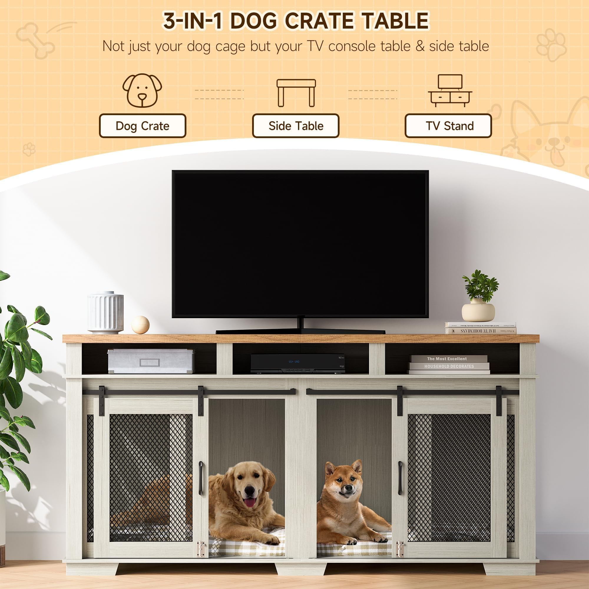 Dog Crate Furniture for 2 Dogs, Wooden Dog Cage with Storage Compartment, Indoor Dog Kennel with Removable Divider and 2 Sliding Barn Door for Large/Medium Dogs