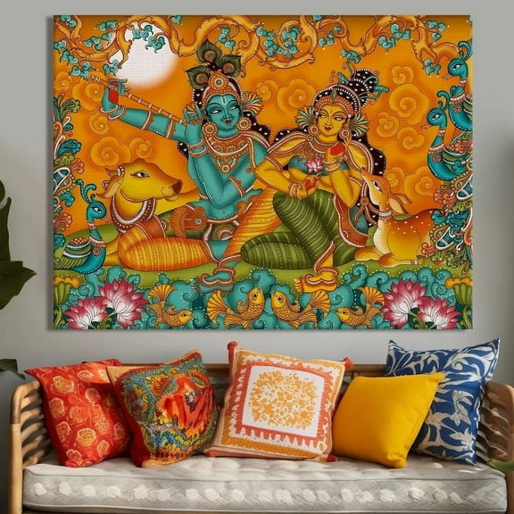 Eurotex Indian Ethnic Kerala Mural Madhuban Radha Krishna Wall Art Canvas Painting For Home Decor Ready To Hang Art Wall Art, Painting for Bed Room, 18x18 in (Without Frame)