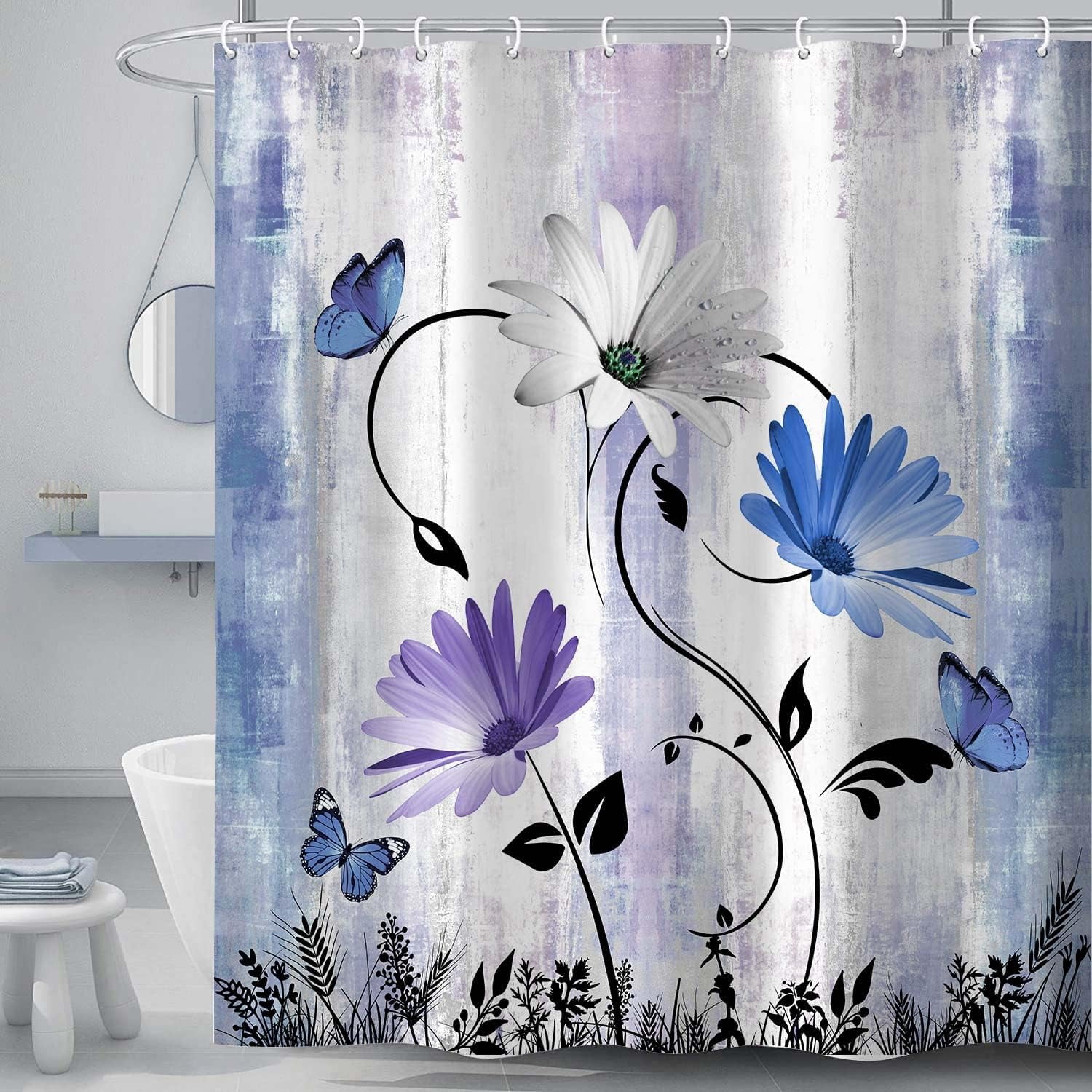 Rustic Farmhouse Shower Curtain for Bathroom, Farm Teal Daisy Floral Flowers and Butterfly on Country Wooden Bath Curtains, Turquoise Purple Blue Fabric Bathroom Decor Set with Hooks 36x72