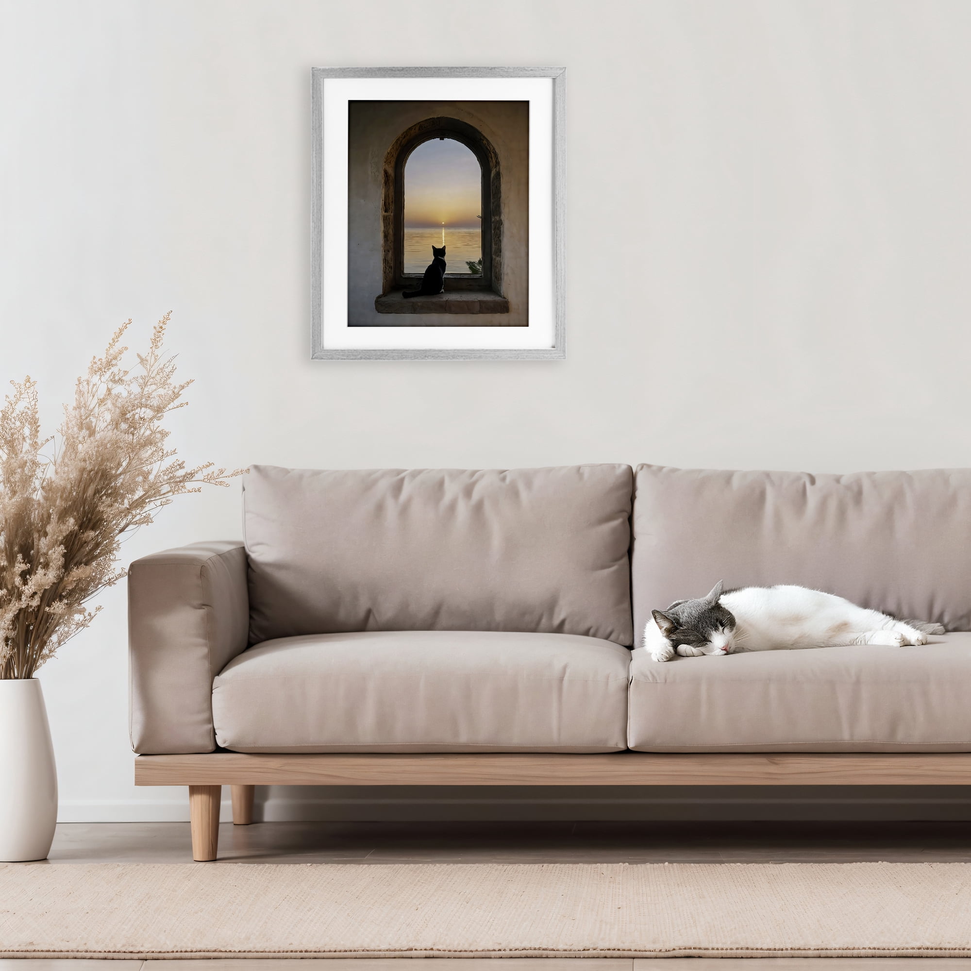 Stupell Industries Cat Overlooking Water at Sunset Gray Framed Print Under Glass, design by Creative Studio