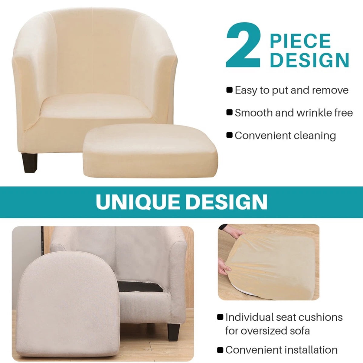 Eurhowing Stretchable Tub Chair Slipcover, 2-Piece Velvet Soft Armchair Cover with Cushion Cover, Elastic Fit Club Chair Sofa Couch Slipcover, 1-Pack, Beige
