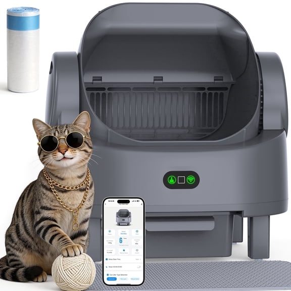 Self-Cleaning Litter Box Automatic Open-Top Cat Litter Box with App & Safety Features – Includes Litter Liners & Mat – Light Grey