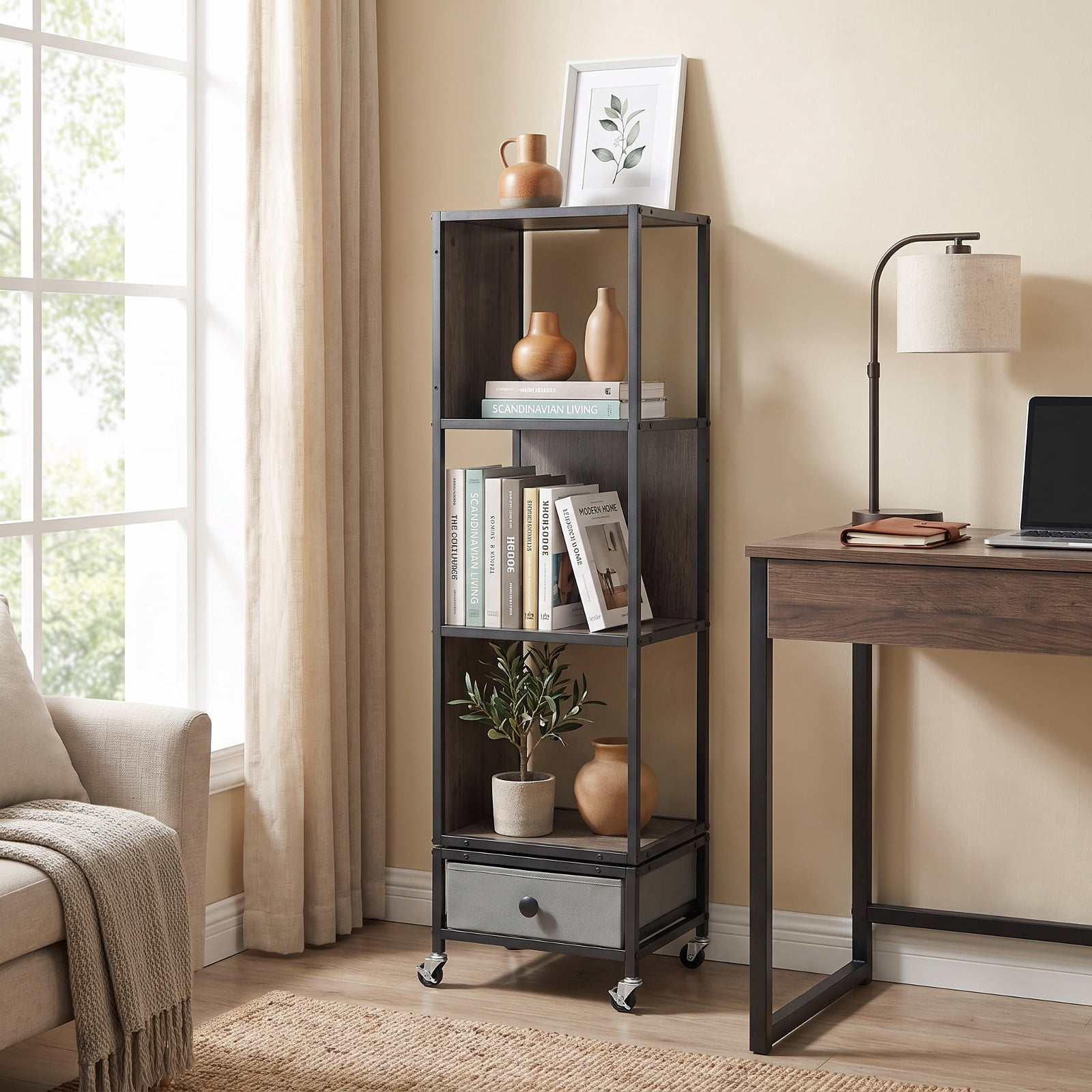 Furnibear 4-Tier Rotating Bookshelf on Wheels with Removable Drawer for Living Room Home Office Bedroom Display Storage Shelf, Gray