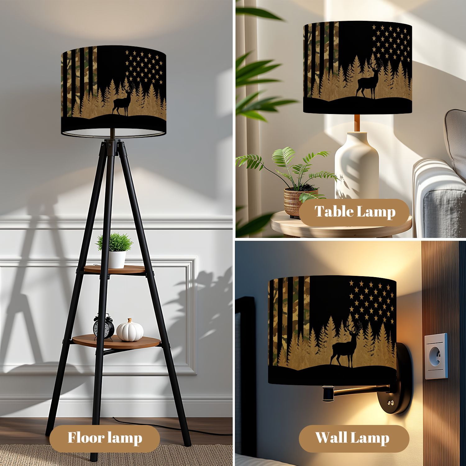 Linen Drum Lamp Shades Deer Silhouette Forest American Flag Camouflage Independence Day 13" x 13" x 10" Lampshade for Table Lamps Floor Lamps Lamp Shade Replacement Easy Assembly Required