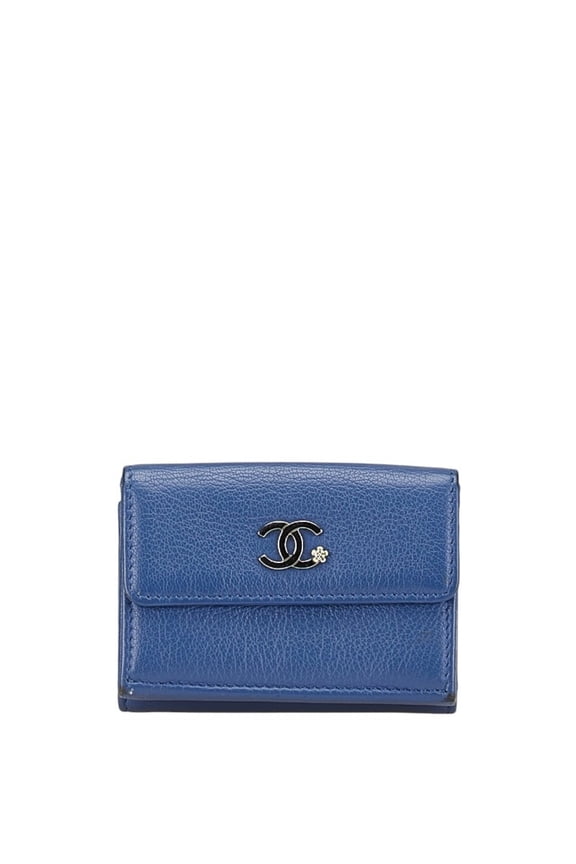 Pre-Owned Chanel Coco Mark Lucky Flower Tri-fold Wallet, Small Compact Blue Leather,... (Good)