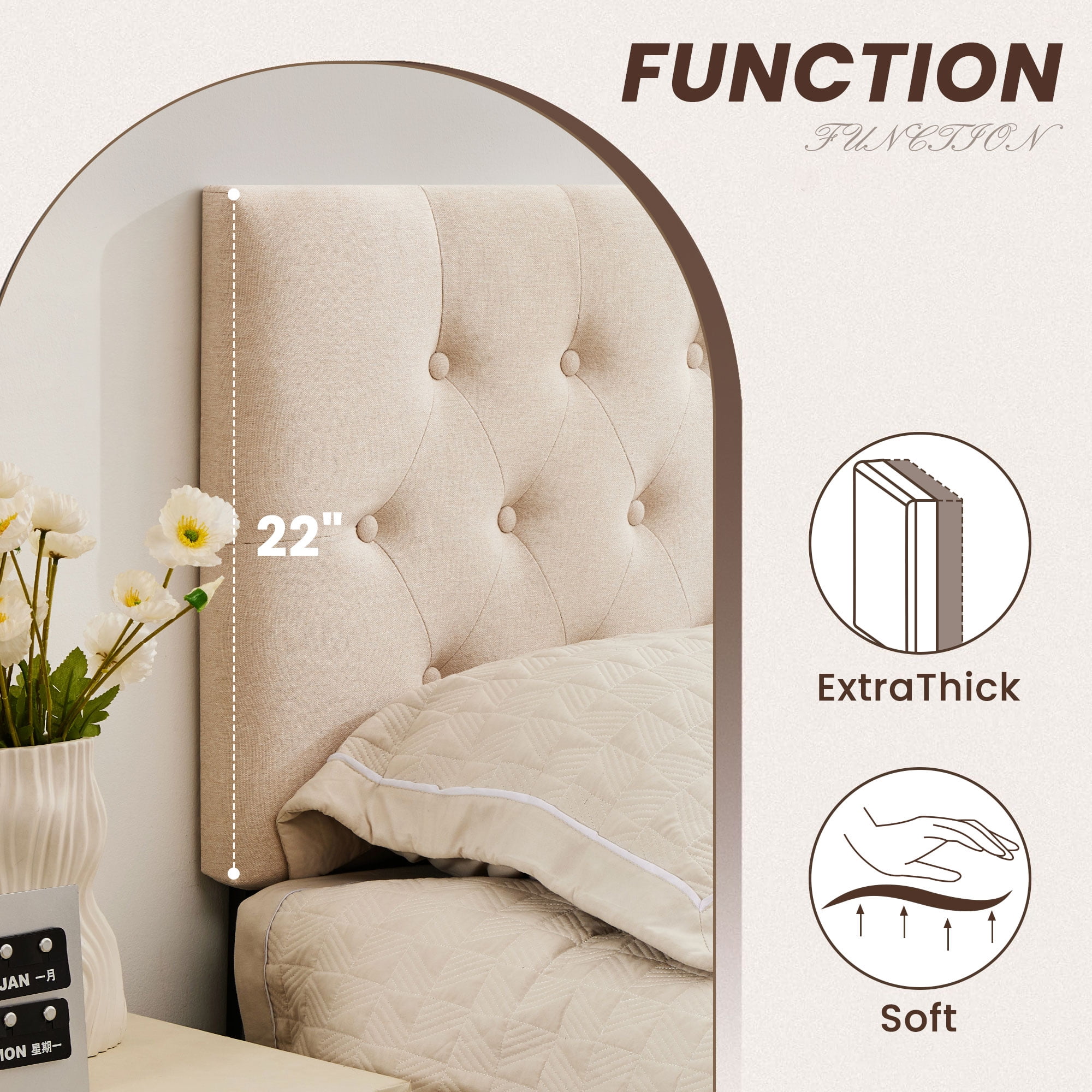 JONPONY Tufted Upholstered Headboard Queen Size, Solid Wood Head Board with  Adjustable Height  Headboard from 37" to 51",Bed Frame Adapters,Beige,Headboard Only
