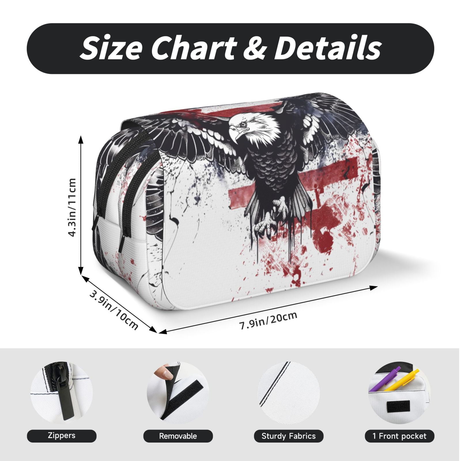 Rateoe American Flag Eagle Art Pattern Double Clamshell Pen Case, Storage Organizer with Two Zipper Compartments– Holds Up to 50 Pencils & Pens
