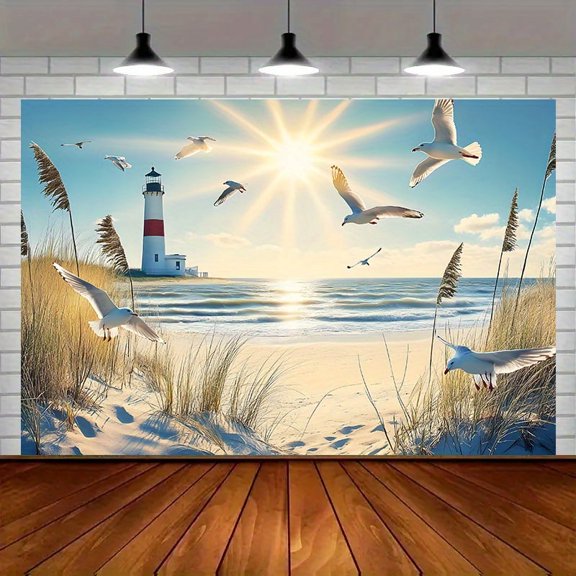 Coastal Lighthouse Backdrop Vibrant Coastal Lighthouse Seagulls Party Banner Beach Scene Wall Decoration for Home, Room, and Event Decor Serene Wall Art, Party Prop, Seasonal Home Decor