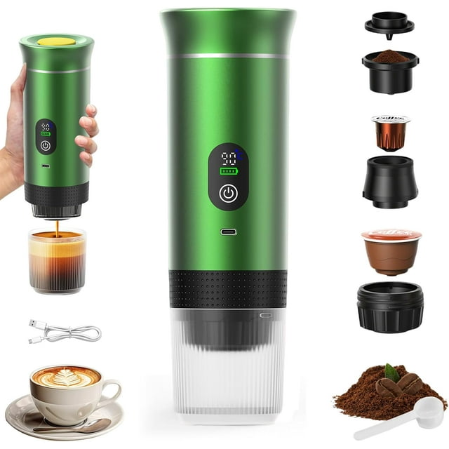 3-in-1 Portable Coffee Maker, Rechargeable Travel Coffee Maker, 12V Espresso Machine for Capsules and Ground Coffee, for Camping, Travel, Office, Car, Home, Green