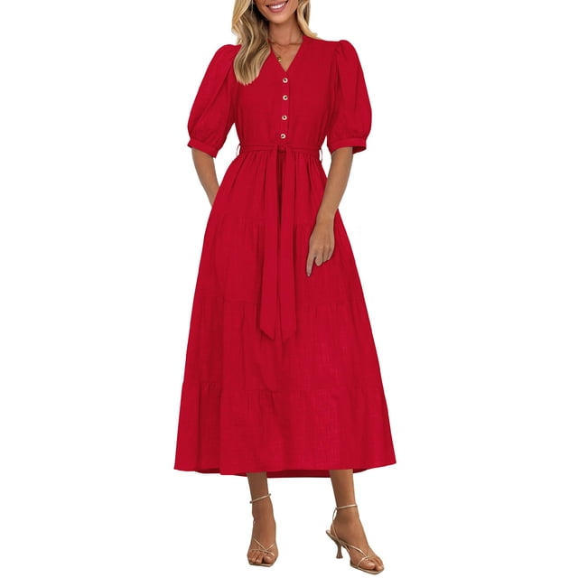 Vestido midi PRETTYGARDEN 2025 con cuello en V y manga corta rojo