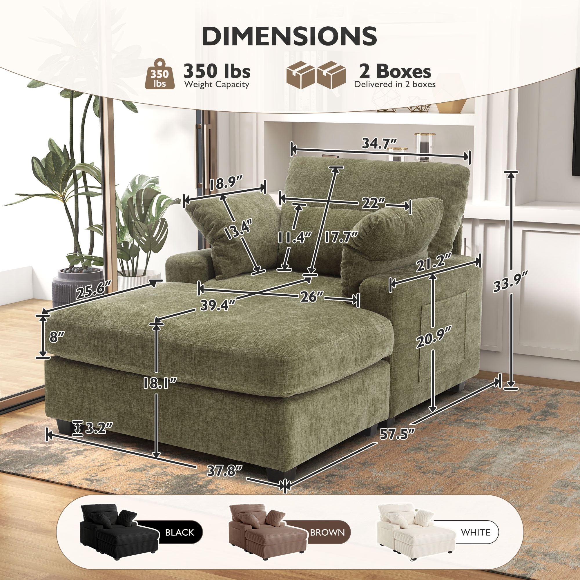 BedLuxury Oversized Accent Chair with Ottoman for Living Room,  Single Sleeper Sofa Armchair with 3 Pillows, Lounge Sofa Bed, Green