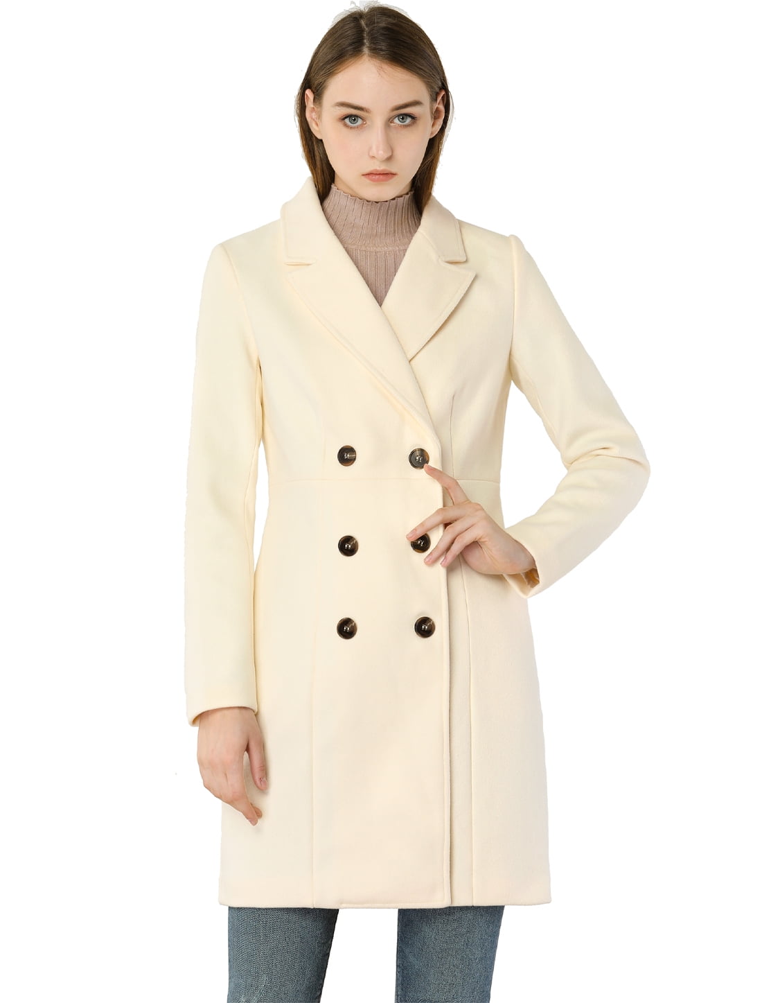 Allegra K Women's Notched Lapel Double Breasted Winter Long Trench Coat ...
