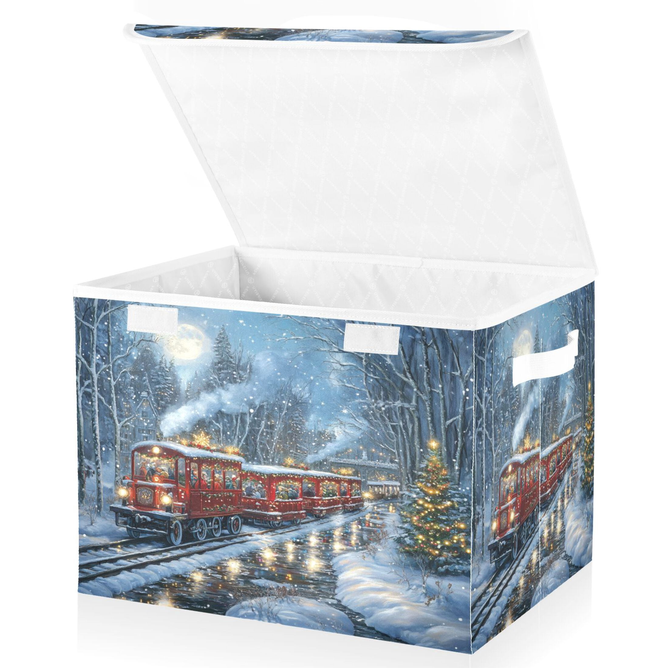 WOBOGO Christmas Train Picture Large Collapsible Storage Box Flip Lid Fabric Decorative Organizer Container Basket with Handles 16.5×12.6×11.8in