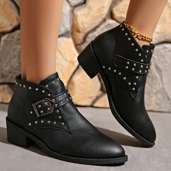 JUSLIO Womens Boots Chunky Heel Boots Comfort Pointed Toe Solid Color Fashion Casual Slip On Lightweight Boots Boots for Women