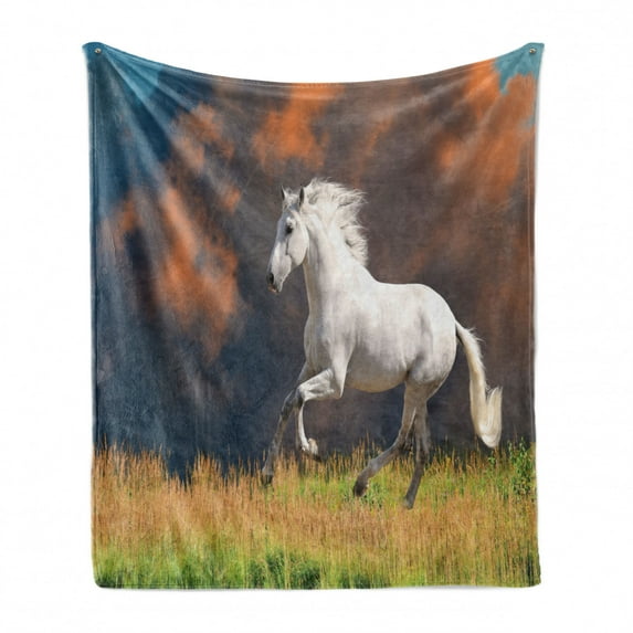 Horses Soft Flannel Fleece Blanket, Andalusian Horse with a Majestic Dust Cloud Background Strong Desires Photo, Cozy Plush for Indoor and Outdoor Use, 50" x 60", White Orange Green, by Ambesonne