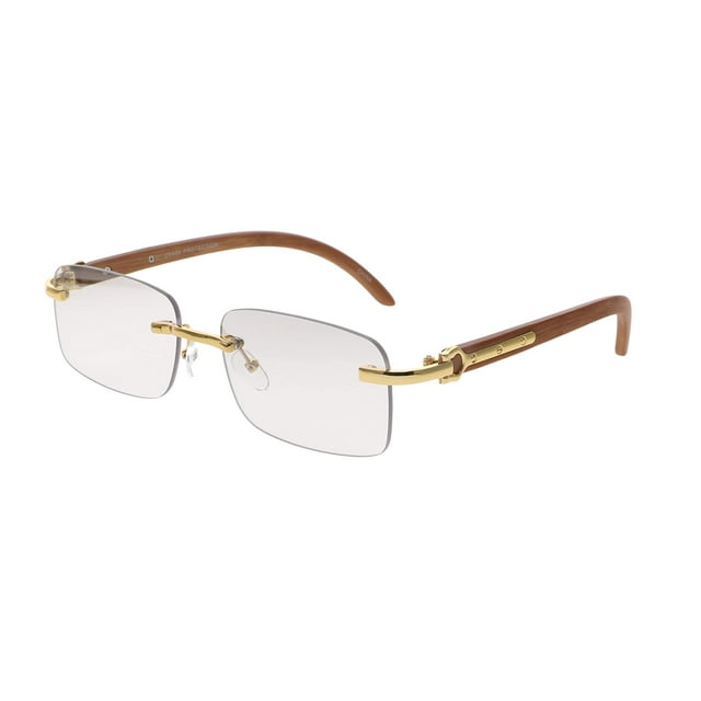 FLAWLESS EYEWEAR Retro Wood Buffs Vintage Style Gangster Rimless Clear Lens Rectangular Metal & Wood Eye Glasses (Light Brown-Gold/Tinted Clear Lens)