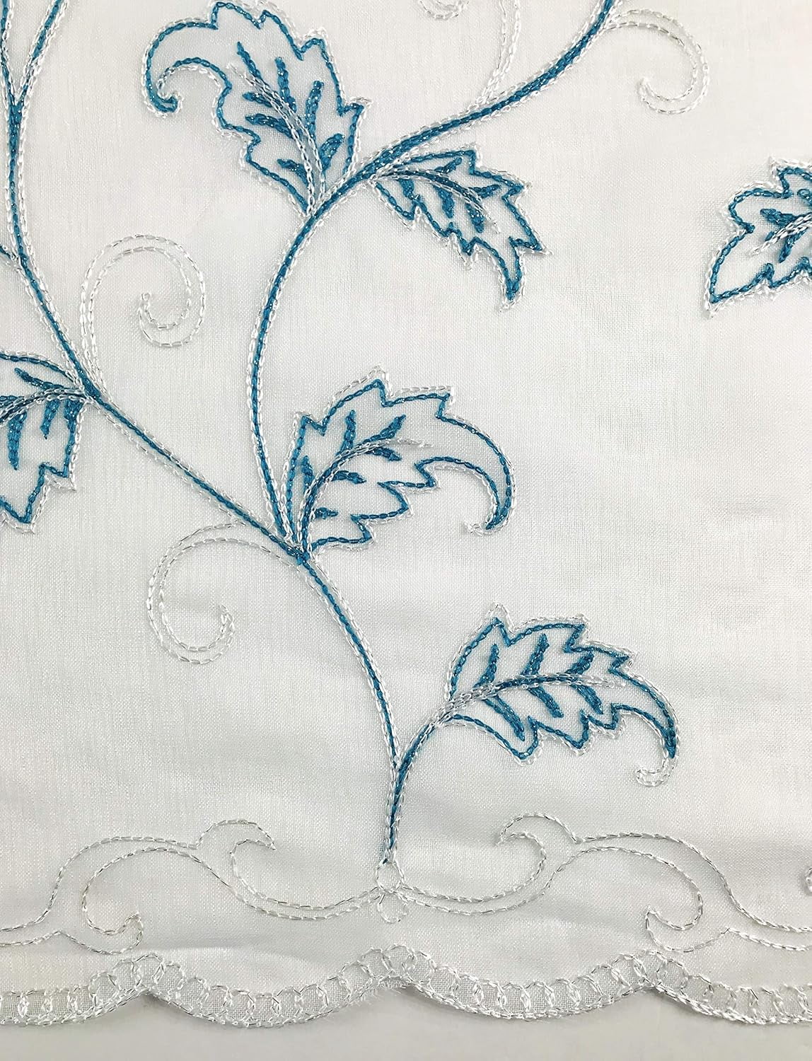 Serafina Home Decorative Sheer Fabric Shower Curtain: Two Toned Teal and White Embroidered Leaves with Metallic Threading (White/Teal) 70 x 72