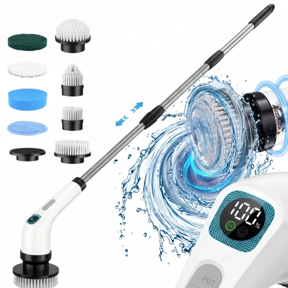 LifEasy 7-in-1 Electric Spin Scrubber, Cordless Power Cleaning Brush with 10-Level Digital Display & Telescopic Extension Pole for Tub Tile Floor