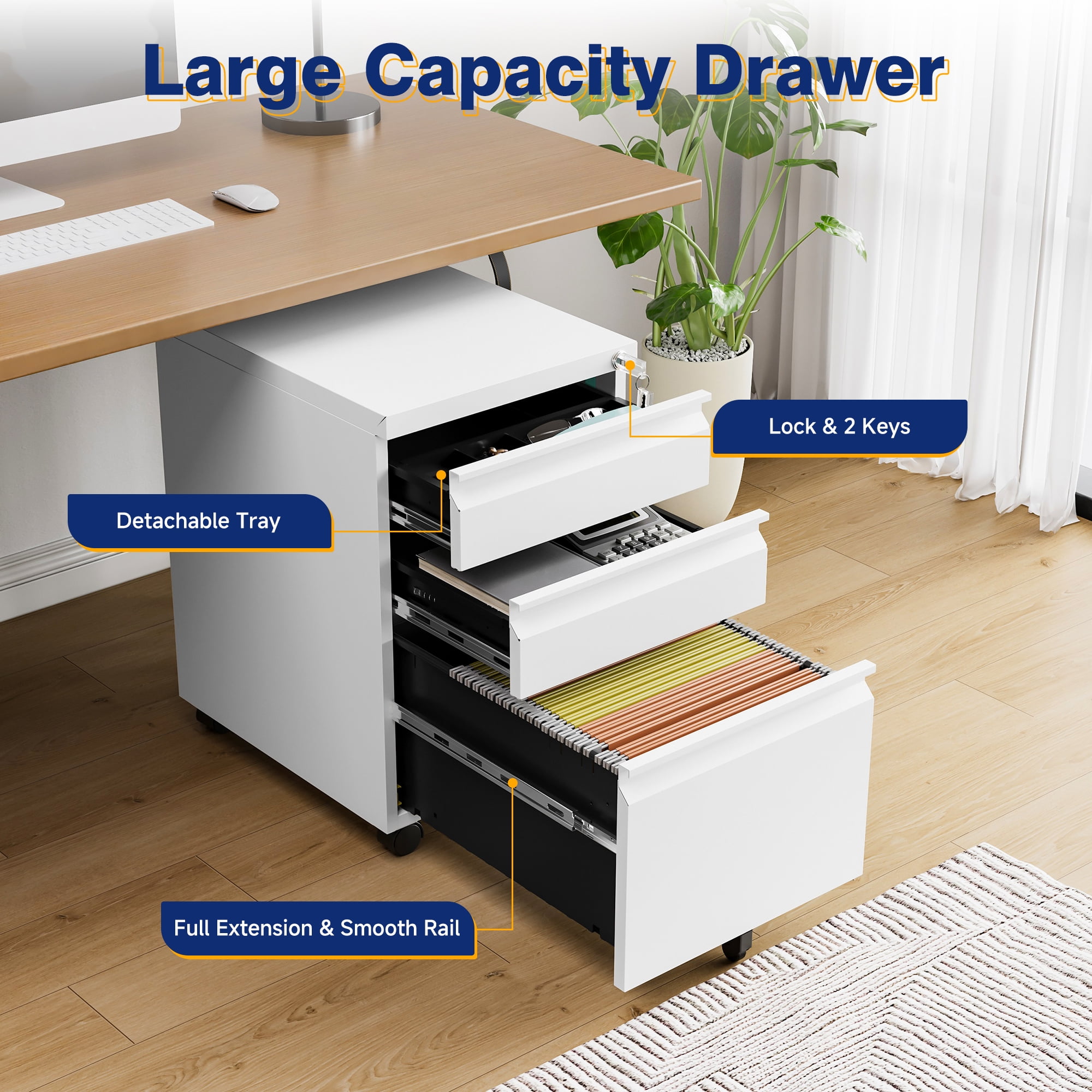 AUHUP 3 Drawer Mobile File Cabinet with Lock, Metal Filing Cabinet with Wheels for Legal/Letter/A4 File, Under Desk File Cabinets for Home Office,White,Fully Assembled