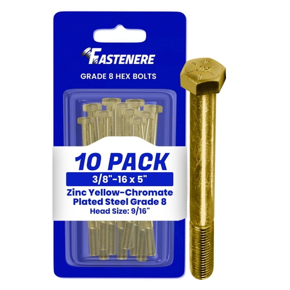 Fastenere 3/8"-16 x 5" Hex Bolts Grade 8 Zinc Yellow-Chromate Plated Steel, Partial Threaded Durable Hex Bolts for Machinery & Construction, Rust-Resistant, Heavy-Duty Fasteners, Pack of 10