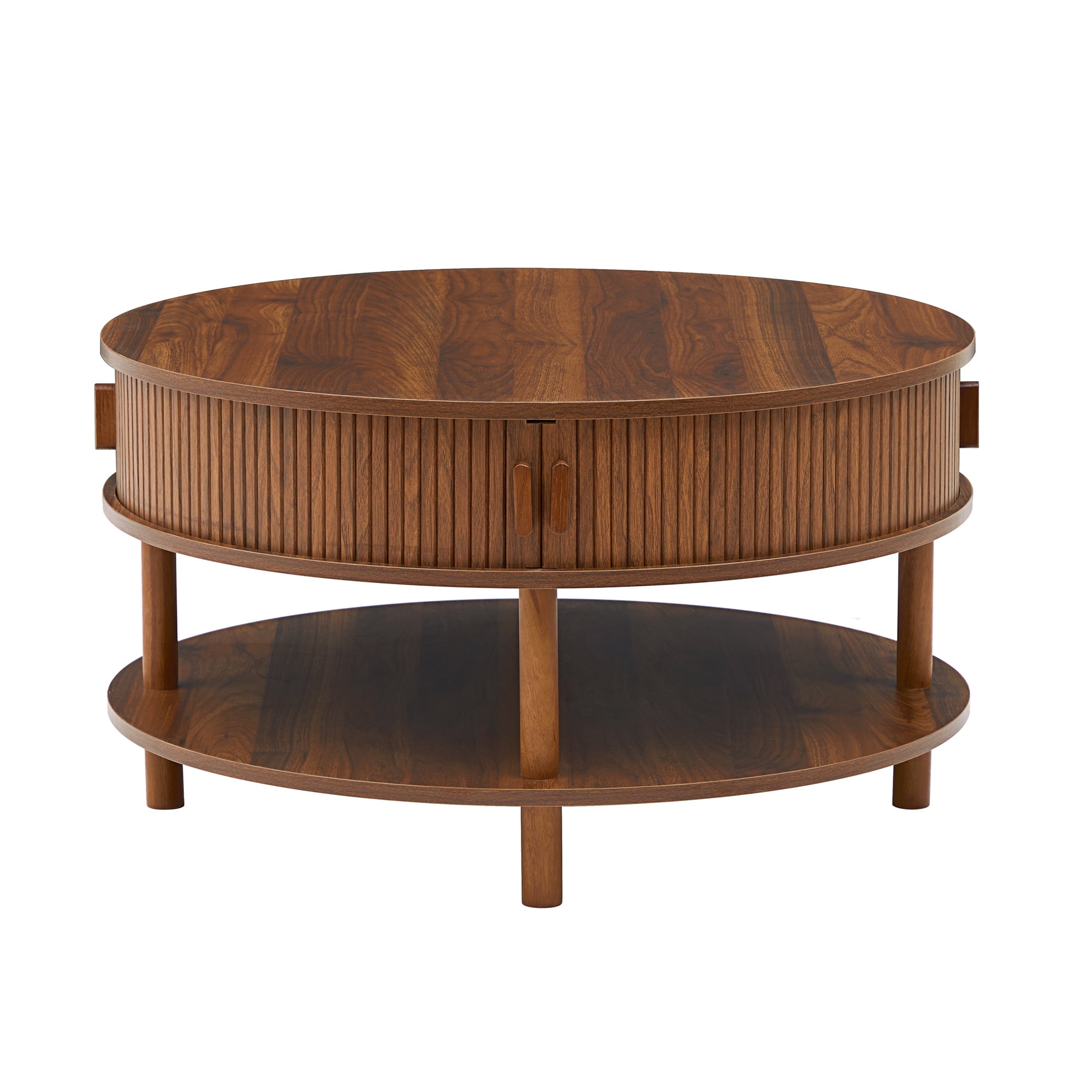 Wirrytor 31 inch Walnut Round Coffee Table for Living Room with Hiddern Storage, Farmhouse Circle Coffee Table with 2-Tier Open Storage Shelf, Modern Center Table